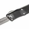All Knife Brands Microtech 138-12 Troodon D/E F/S - Black Handle - Full Serrations - Stonewash Blade